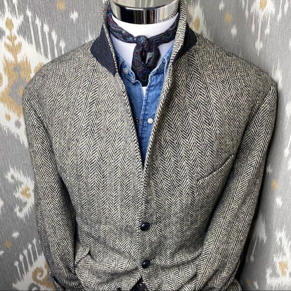 Vintage Polo Ralph Lauren Black & Cream Wool Herringbone Tweed & Leather Blazer - Picture 6 of 17